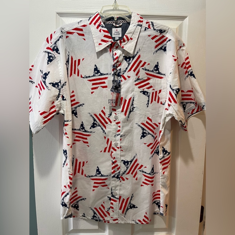Free Planet Men's Stars & Stripes Short Sleeve Button Up Shirt Size 1X NWT